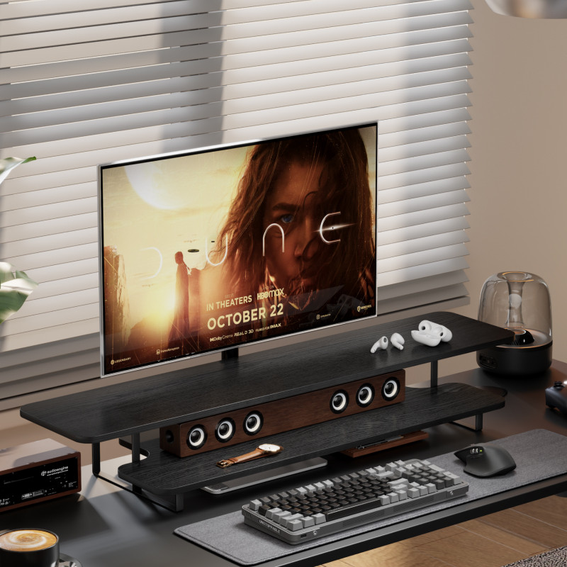 Desk Setup For Laptop And Monitor - Support d'écran en noyer massif, organiseur