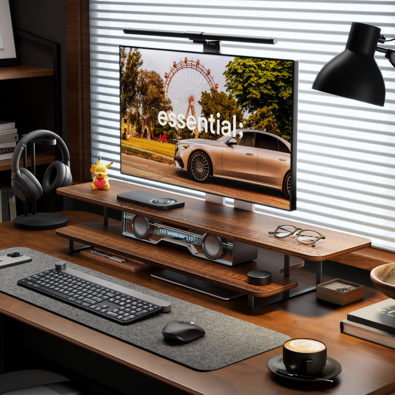 Support d'écran en noyer massi - Desk Setup For Laptop And Monitor avis et prix